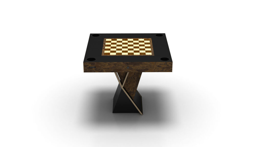 The Arclight Chess / Backgammon / Card Table features a sleek, modern luxury design with a black and brown twisted base and square alternating light and dark squares board, ideal as the centerpiece of any room against a plain white background to highlight its elegance.