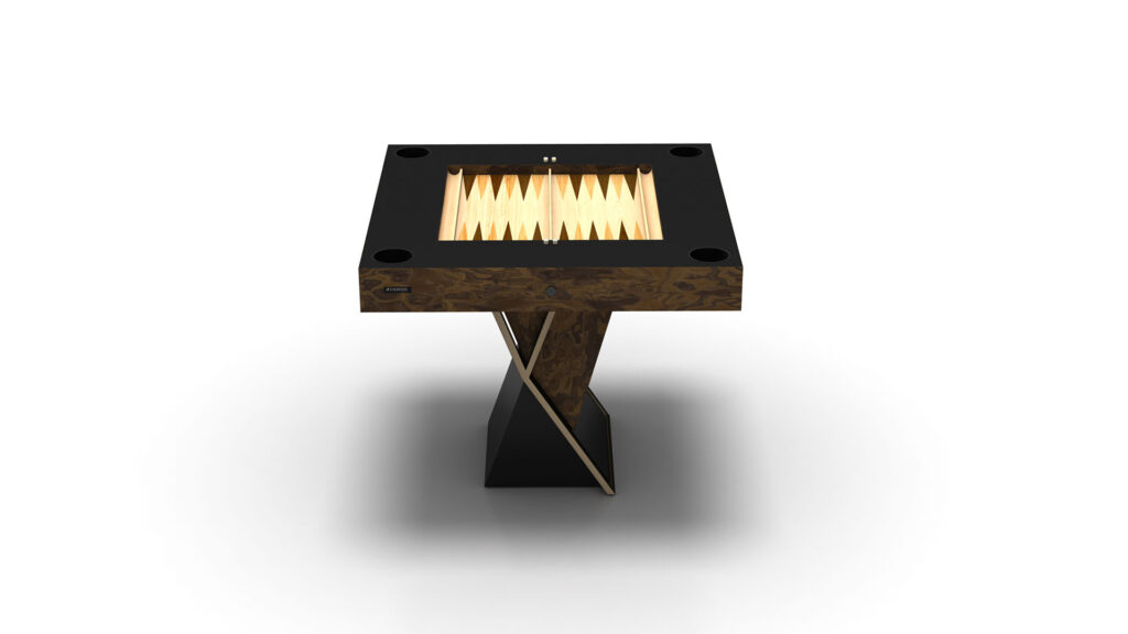 The Arclight Chess / Backgammon / Card Table is a modern, square luxury game table featuring a glossy black and brown finish on a twisted pedestal base. It boasts a backgammon board with geometric patterns against a white background, ideal for those who appreciate refined elegance.