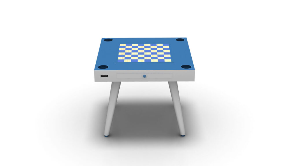 The Arclight Chess / Backgammon / Card Table is a modern luxury piece with a blue and yellow checkered board, four corner recesses, and a small drawer. It features four white angled legs and a sleek design, ideal for an upscale gaming experience.