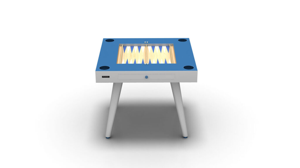 The Arclight Chess / Backgammon / Card Table is a luxury game table featuring a built-in illuminated backgammon board in blue and white. With its four angled legs, it boasts a sleek, minimalist design that enhances any space.