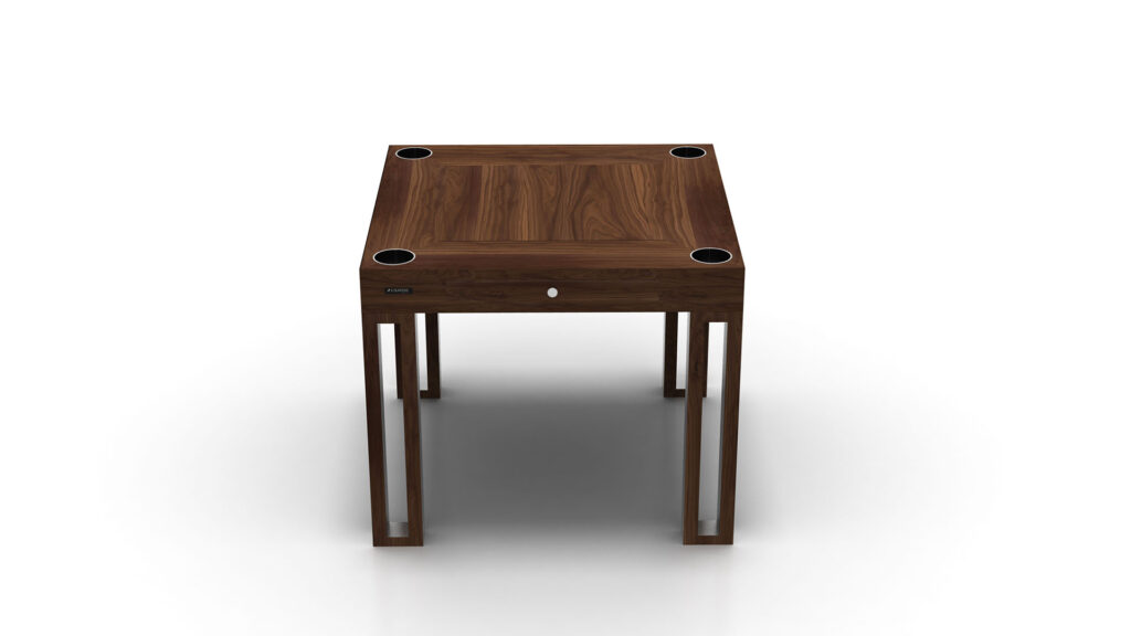 The Arclight Chess / Backgammon / Card Table exudes luxury with its modern square wooden design, featuring a dark wood grain finish, four legs, a central drawer for game essentials, and circular insets on each corner for functional or decorative purposes.