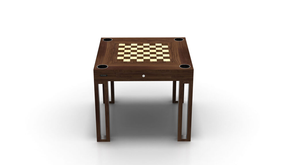 The Arclight Chess/Backgammon/Card Table is a wooden square piece featuring a chessboard pattern, four corner cup holders, straight legs, and a central drawer, offering contemporary luxury to any game room.