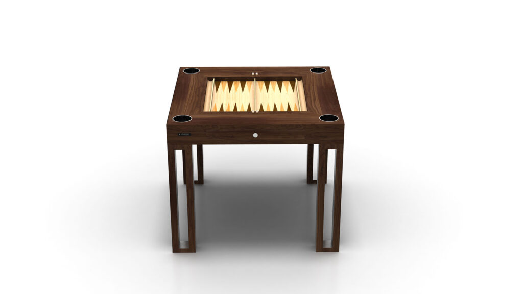The Arclight Chess/Backgammon/Card Table is a luxury wooden game table with a built-in backgammon board, sleek legs, and four corner cup holders. Its design highlights simplicity and elegance, ideal for sophisticated game nights.