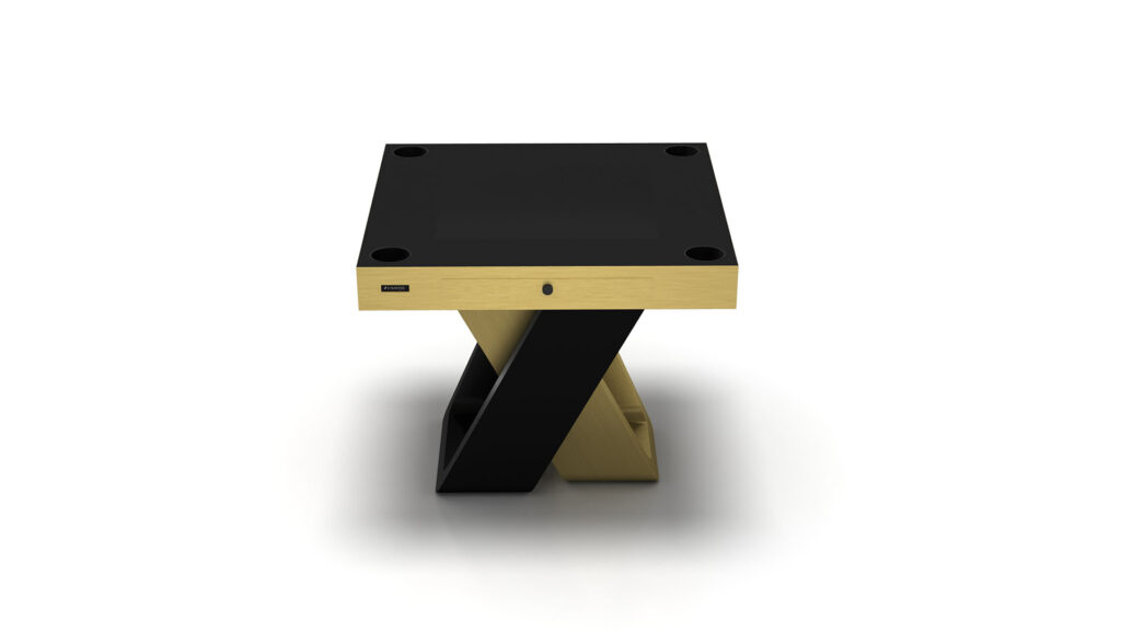 The Arclight Chess / Backgammon / Card Table features a luxurious black square top with elegant gold edges. Its base presents an intertwined black and gold X design, perfect for sophisticated spaces, while the minimalist white background enhances its modern appeal.
