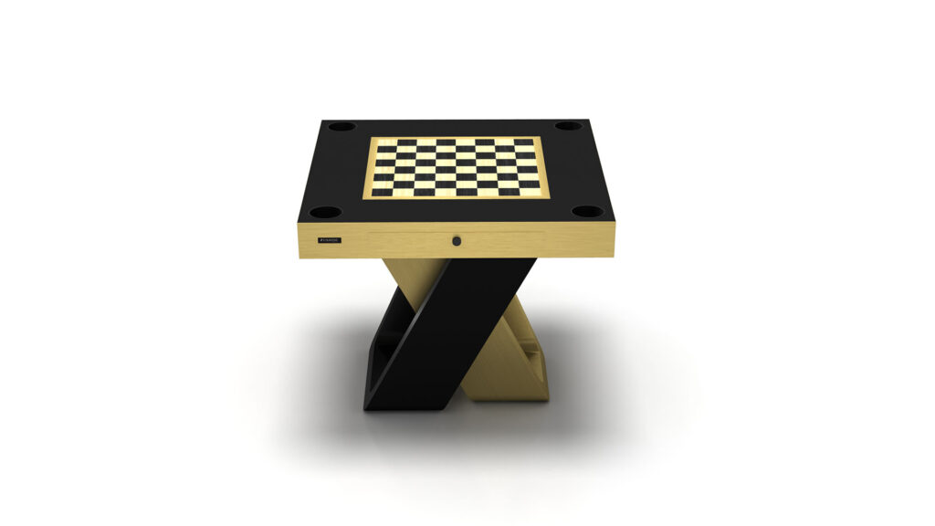 Discover the elegance of luxury with the Arclight Chess / Backgammon / Card Table. This modern piece features a sleek black and gold design, with a square chessboard atop a striking angular base that creates a stunning contrast against its pristine white backdrop.