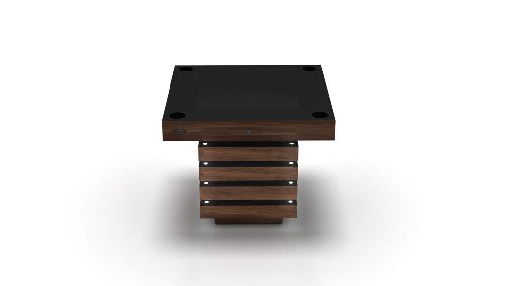 The Arclight Chess / Backgammon / Card Table features a modern square wooden design with a sleek black top and an open-shelf base of alternating layers, elegantly presented on a white background to emphasize its refined simplicity.