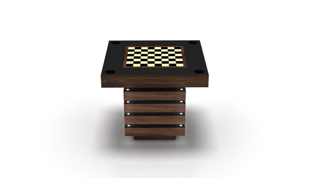 Indulge in luxury with the Arclight Chess/Backgammon/Card Table&mdash;a modern square table featuring a black frame and wooden pedestal base, integrated chessboard top, and a sleek white background for a sophisticated design.
