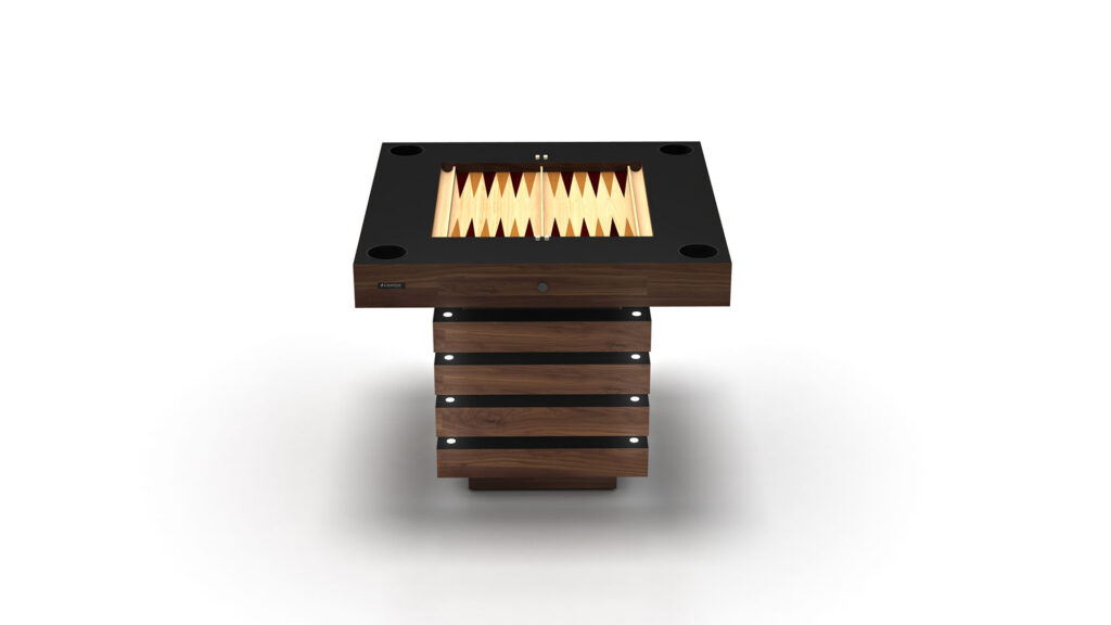 The Arclight Chess / Backgammon / Card Table is a luxury, modern square table with a wooden base and black playing surface featuring a classic backgammon pattern, offering a sleek and contemporary look against a white background.