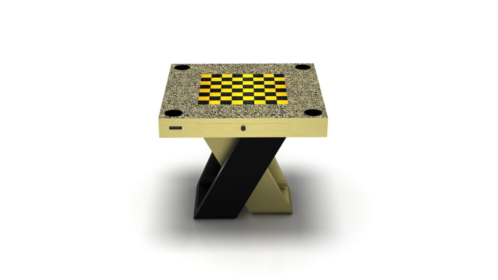 The Avettore Chess / Backgammon / Card Table showcases a yellow and black board on a textured square surface with an elegant X-shaped black and gold base, making it a sophisticated centerpiece set against a white background.