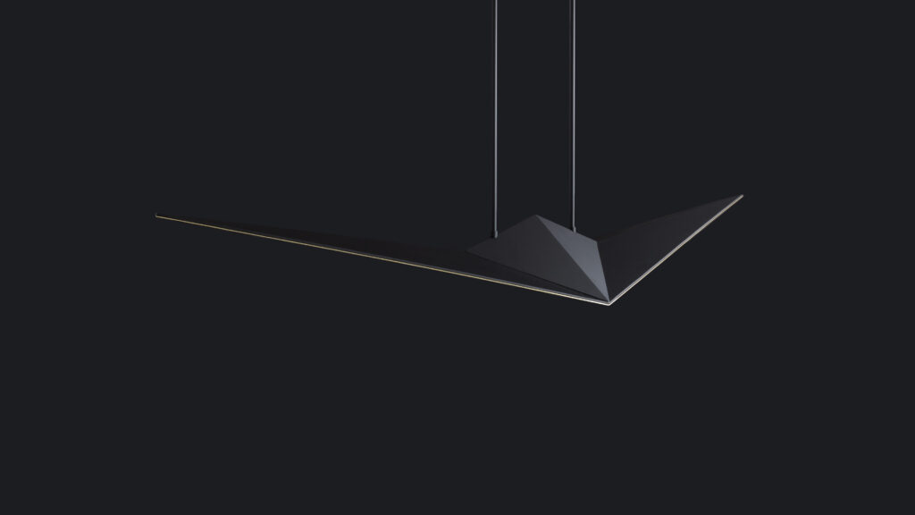 The Áves Pendant Light, with its modern geometric design, hangs boldly against a dark background like luxury game tables in elegant settings. Its sleek black surface creates a striking contrast.