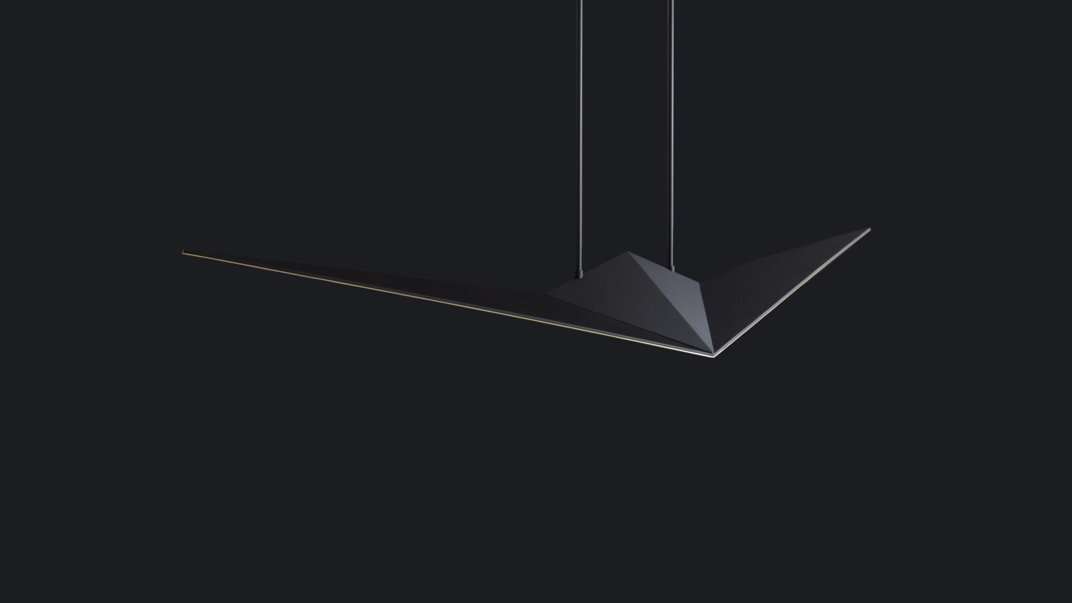 The Áves Pendant Light, with its modern geometric design, hangs boldly against a dark background like luxury game tables in elegant settings. Its sleek black surface creates a striking contrast.