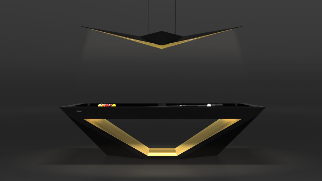 A sleek black pool table with gold accents epitomizes luxury, complemented by the Áves Pendant Light overhead. This angular fixture illuminates the table, enhancing its elegance against a dark minimalist background.