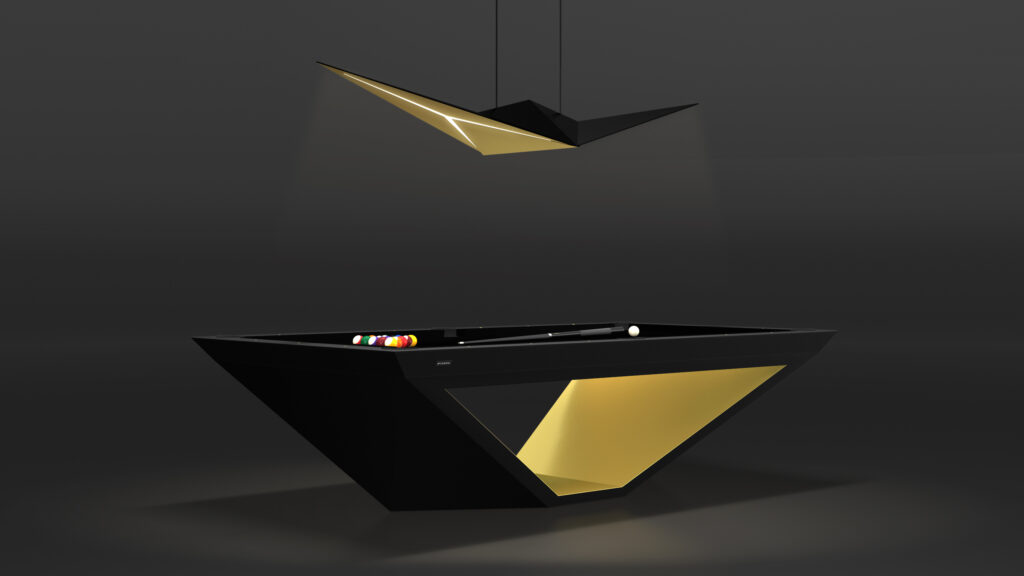 A sleek, modern black billiards table epitomizes luxury with a unique geometric base and gold accent. The Áves Pendant Light hangs above, casting a focused glow on the table adorned with billiard balls under its soft illumination.