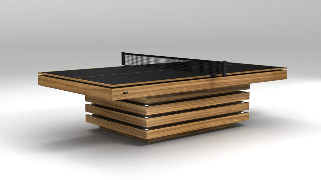 The Arclight Ping Pong Table is a modern luxury game setup with a sleek black playing surface, wooden border, central net, and a distinctive layered wooden base that combines elegance with functionality.