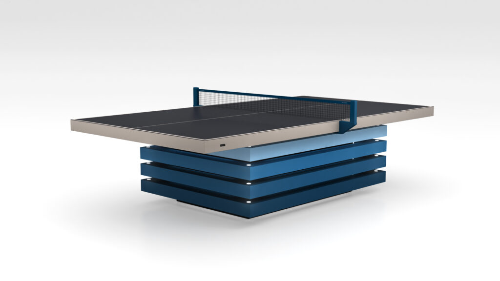 The Arclight Ping Pong Table showcases a modern, minimalist design with a sleek black top, blue base, and simple net on a clean white background.
