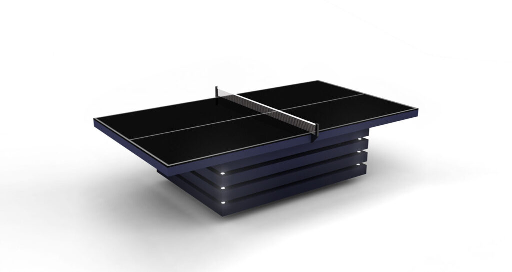 The Arclight Ping Pong Table, part of the luxury game tables collection, features a sleek modern design with illuminated side stripes and stands against a plain white background.