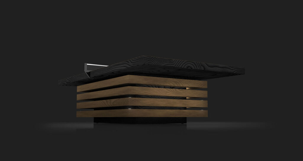 A sleek, modern design reminiscent of luxury game tables with a dark textured surface and wooden slats, the Arclight Ping Pong Table is set against a black background. A microphone is positioned on its top left.