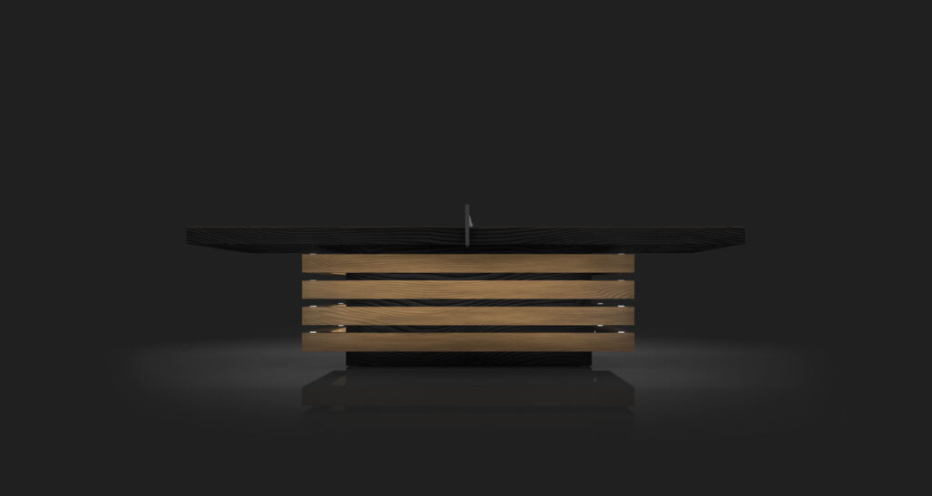 The Arclight Ping Pong Table is a modern, minimalist wooden table with a black tabletop and slatted oak base, set against a dark background. This luxury piece resembles contemporary game tables with its sleek design and refined elegance.