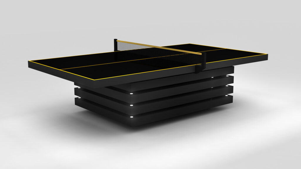 The Arclight Ping Pong Table features a sleek, modern luxury design with a black surface and yellow edges. Its distinct layered base contrasts elegantly against a plain gray background, exuding both style and sophistication.