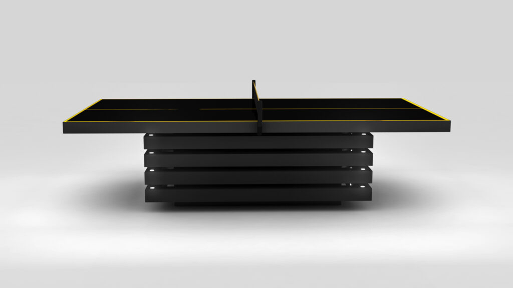 The Arclight Ping Pong Table features a minimalist, contemporary design with sleek black finish and yellow lines, complemented by a modern stacked base, set against a neutral gray background—elevating any space with its luxury aesthetic.
