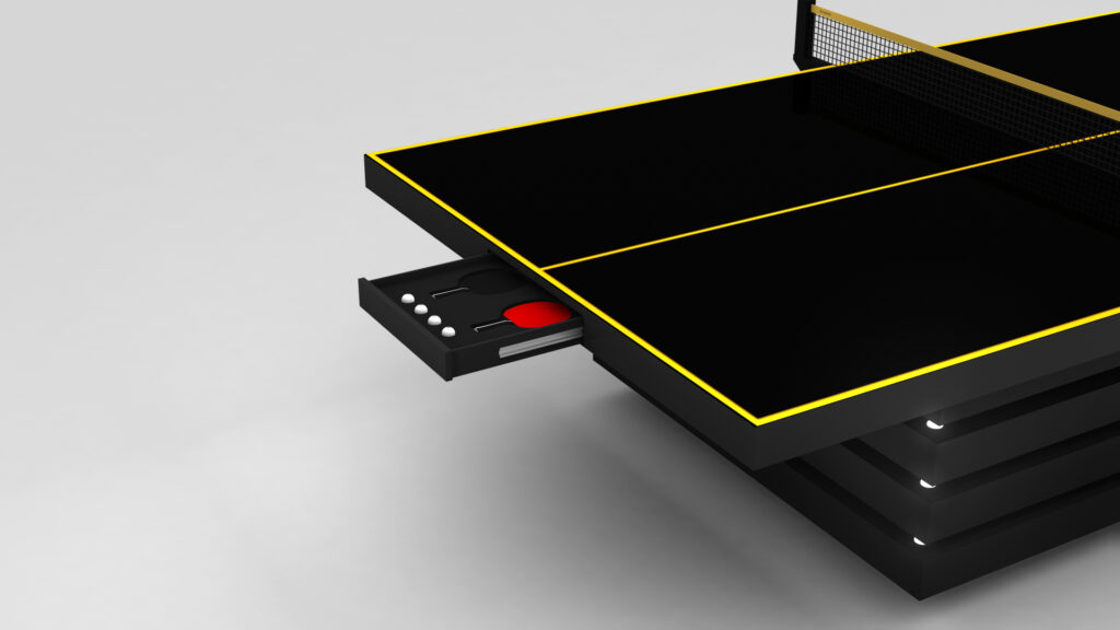The image showcases the Arclight Ping Pong Table, a sleek black design with yellow lines epitomizing luxury. It features a side drawer for red paddles and white balls, while a net enhances its modern surface.