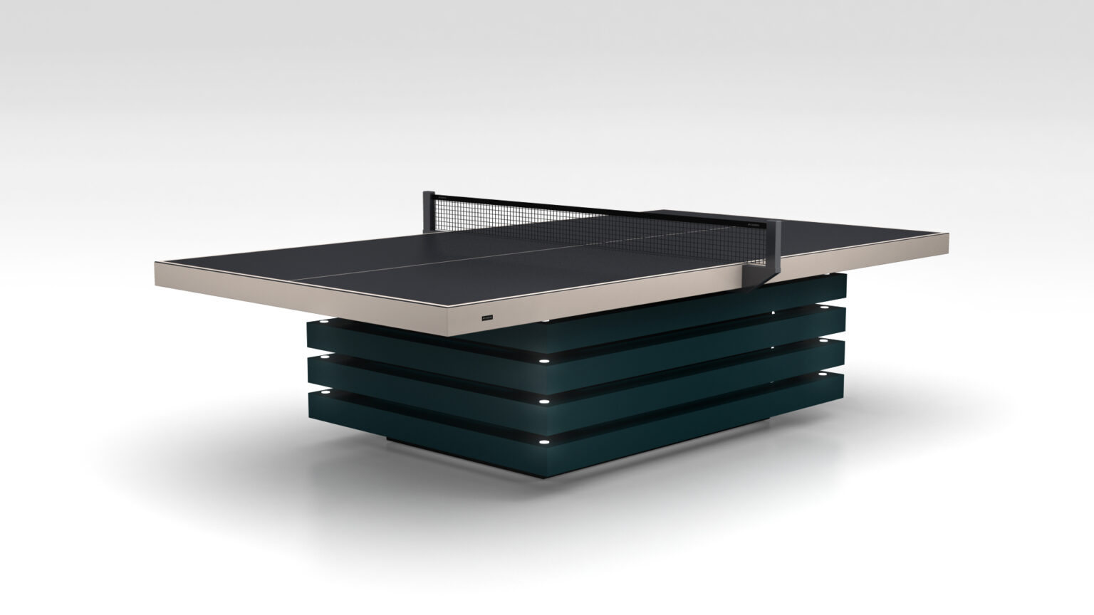 The Arclight Ping Pong Table is a luxurious game table featuring a sleek black and metallic design, minimalist net, and unique layered base, elegantly set against a plain white background.