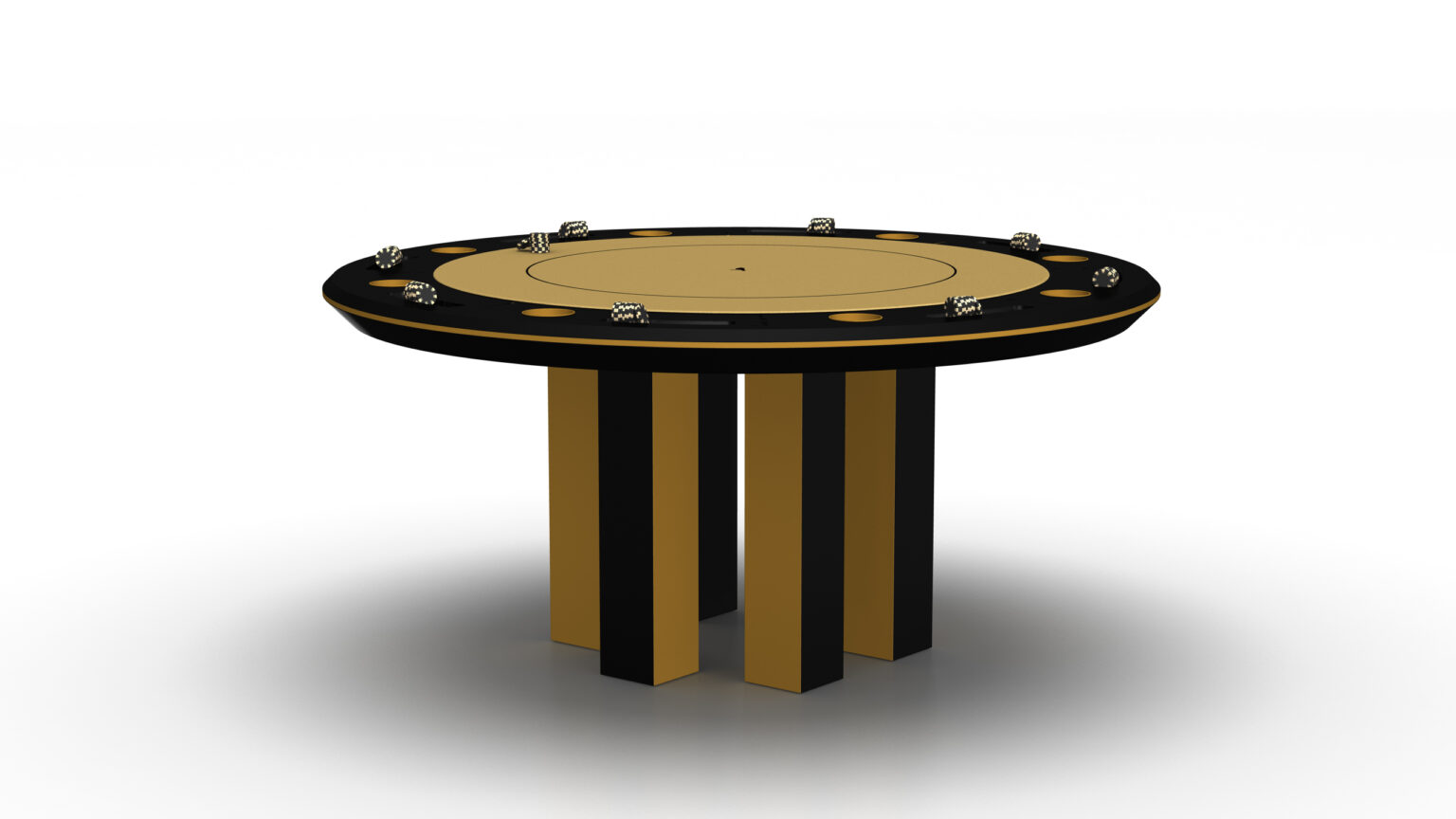 The Malibu Round Poker Table exudes luxury with its modern black and gold design. It features six evenly spaced cup holders and a bold, multi-legged base, embodying sleek elegance and capturing todays refined game table essence.