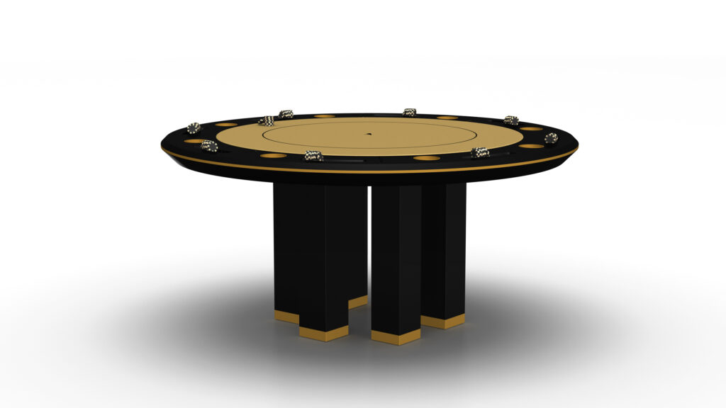 The Malibu Round Poker Table epitomizes luxury with its modern design, featuring a beige center and black edges accentuated by gold details. It includes multiple card slots and cup holders along the perimeter and stands on four black legs adorned with gold trim.