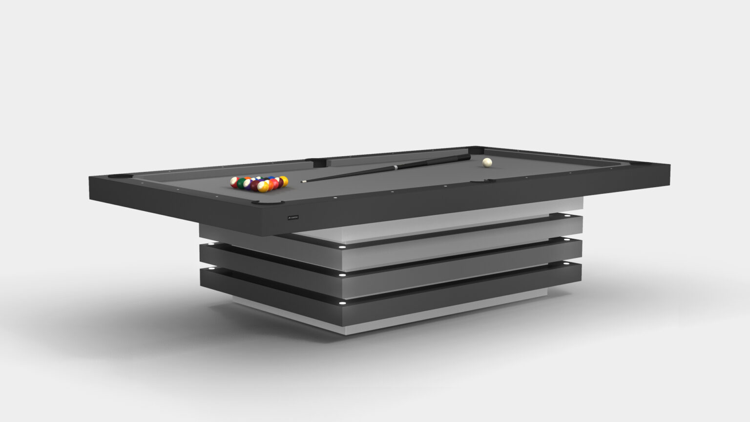 Explore the Arclight Pool Table - Outdoor, a luxurious game table with a sleek black playing surface and metallic striped base. It includes a wooden cue and neatly arranged billiard balls, making it stand out against a plain white background.