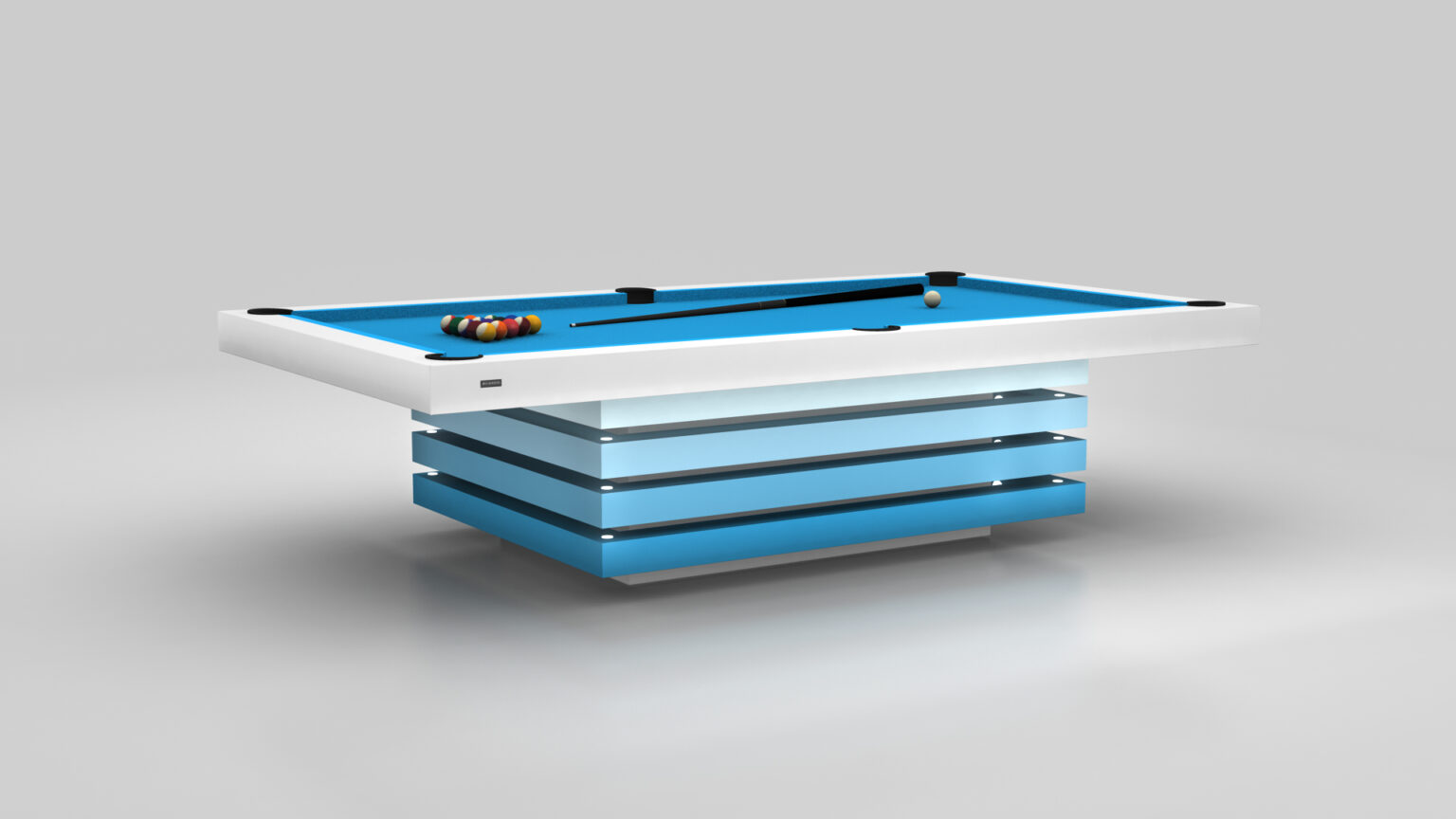 The Arclight Pool Table - Outdoor is a luxurious game table with a modern design. It features a white frame and light blue playing surface, complemented by its sleek base with stacked blue layers. Billiard balls are neatly arranged in a triangle, with a cue stick resting beside them for an exquisite game.