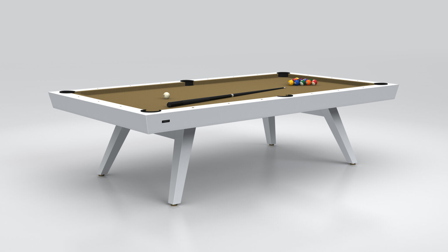 The Hamptons Pool Table - Outdoor boasts a modern, sleek design with a brown playing surface and a white frame. A set of pool balls and cue stick are elegantly arranged on top, and it stands gracefully on four angled legs against a plain background.