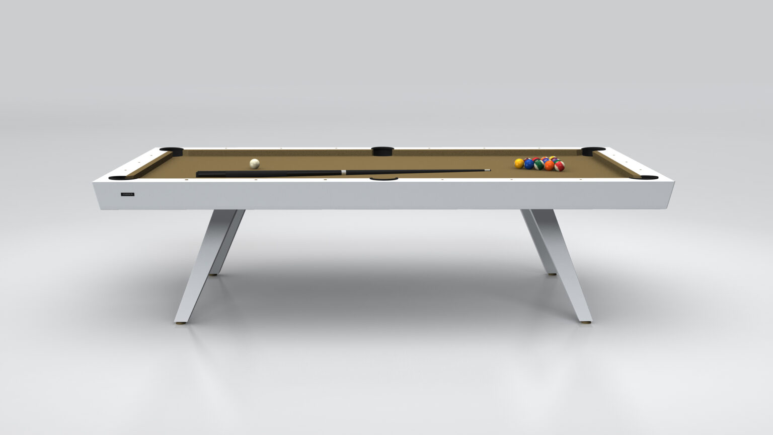 The Hamptons Pool Table - Outdoor is a sleek luxury piece featuring a modern white frame and beige felt surface, accompanied by a black billiard cue, white cue ball, and vibrant racked balls, set against a minimalist gray backdrop.