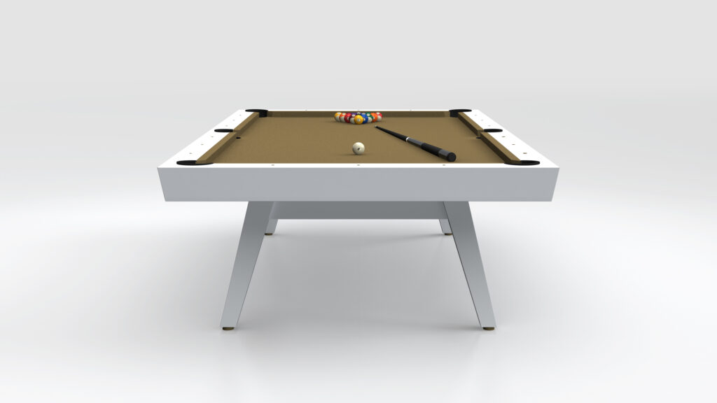 The Hamptons Pool Table - Outdoor boasts a modern, minimalist design with a light brown surface. It features a cue stick and ball, a colorful triangle of balls at the back, and sleek, angled legs for support.