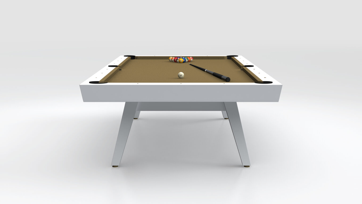 The Hamptons Pool Table - Outdoor boasts a modern, minimalist design with a light brown surface. It features a cue stick and ball, a colorful triangle of balls at the back, and sleek, angled legs for support.