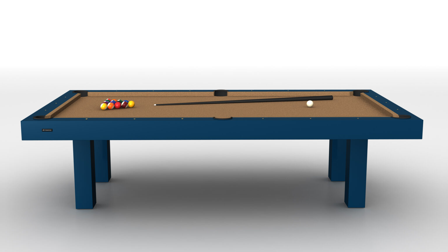 The Malibu Pool Table - Outdoor features a blue finish with a brown playing surface, displaying a neatly arranged triangle of billiard balls and an elegant cue stick on a pristine white background.