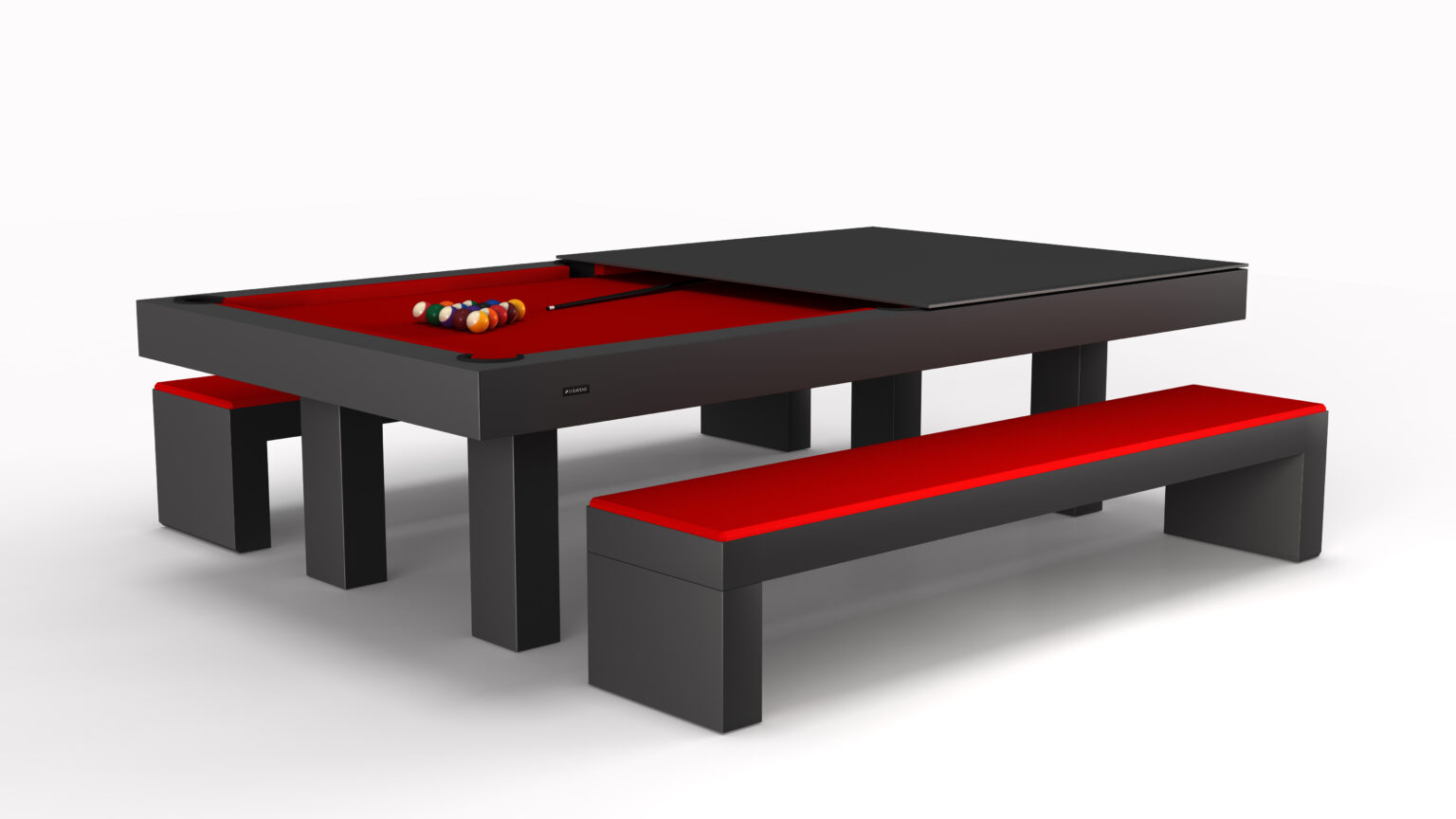 The Malibu Pool Table - Outdoor elegantly transitions from a multifunctional black pool table to a stylish dining setup. With its bold red playing surface and matching benches, it enhances any rooms sophistication and includes a rack of perfectly arranged pool balls.