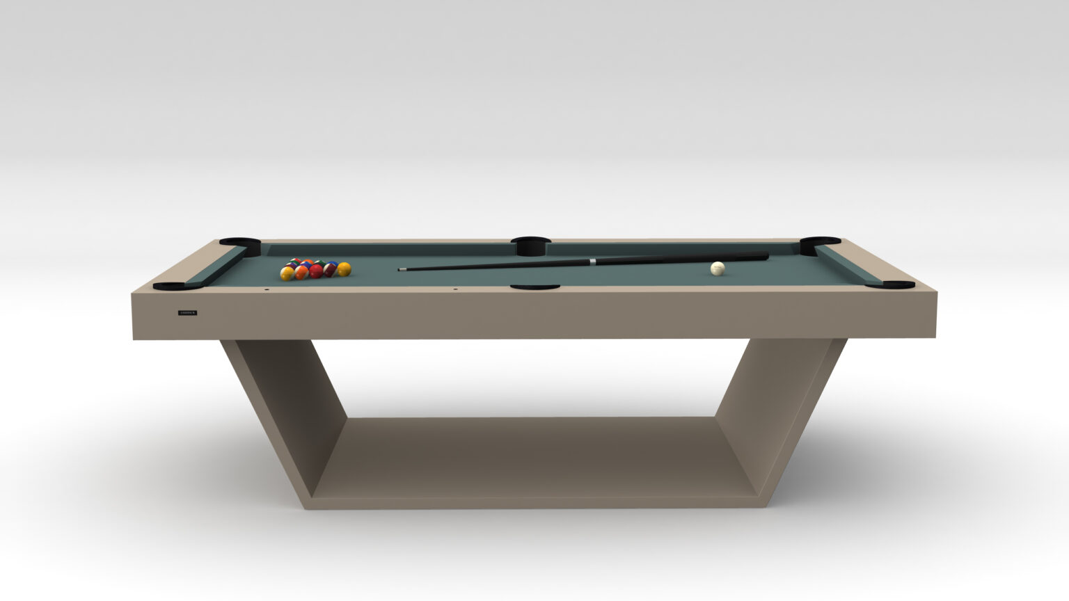 The Mesa Pool Table - Outdoor is a modern, minimalist pool table with a sleek beige base and green playing surface. Part of our luxury collection, it includes a cue stick, white cue ball, and racked billiard balls at one end.