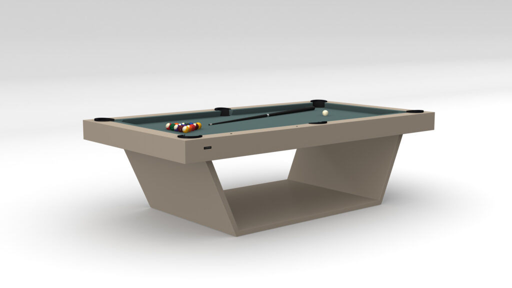 Set against a white background, the Mesa Pool Table - Outdoor features a sleek, angular base and a green felt top. It includes billiard balls, a cue ball, and a cue stick for an elegant game.