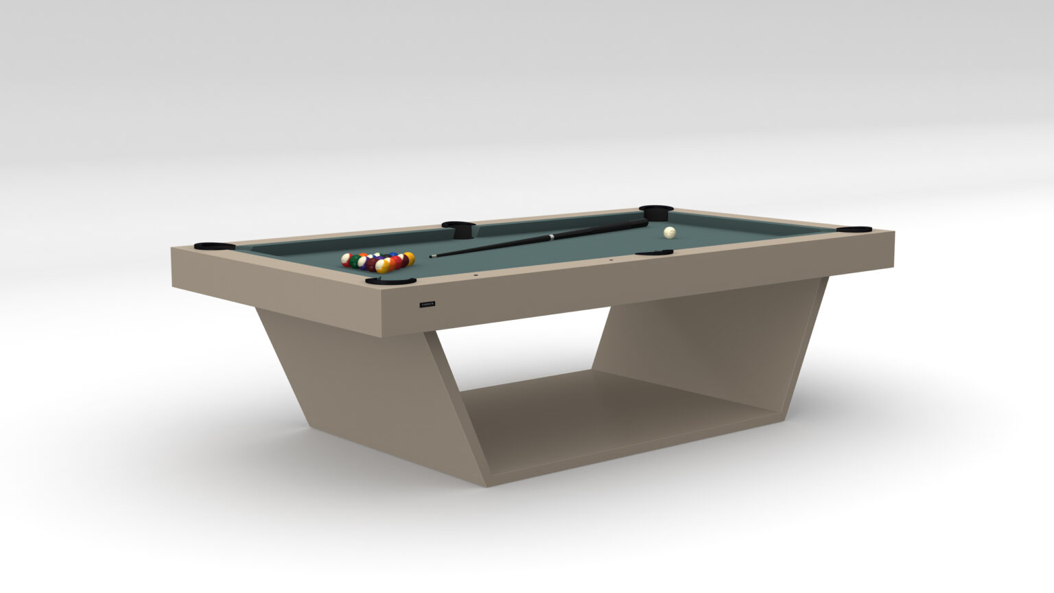 Set against a white background, the Mesa Pool Table - Outdoor features a sleek, angular base and a green felt top. It includes billiard balls, a cue ball, and a cue stick for an elegant game.