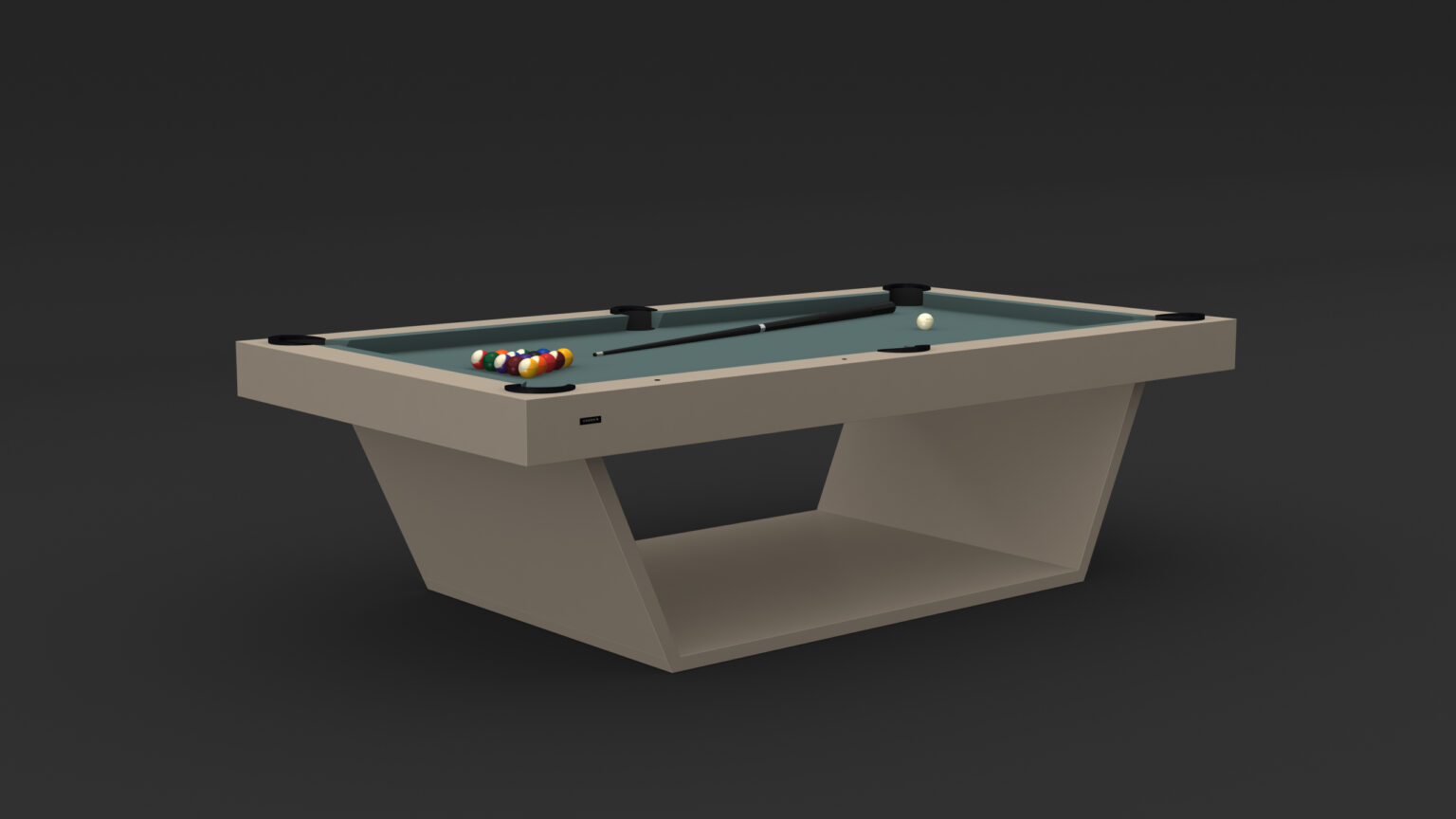 The Mesa Pool Table - Outdoor features a sleek, modern design with a green felt surface. It displays a triangle of colorful billiard balls at one end and a cue ball at the other, accompanied by a pool cue resting on its stylish geometric base.