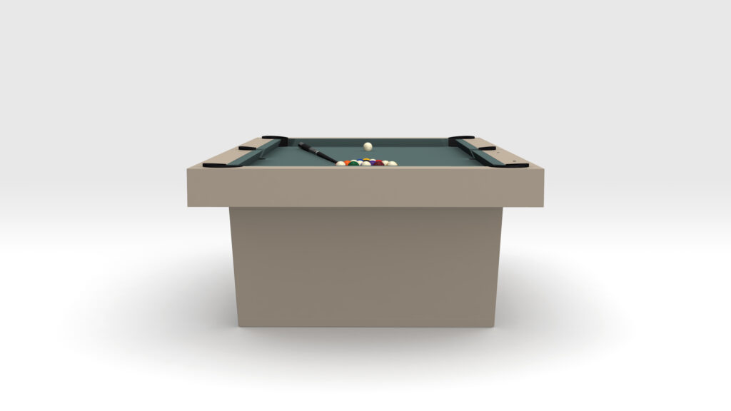 The Mesa Pool Table - Outdoor is a luxury modern pool table with beige sides, a green playing surface, and billiard balls arranged in a triangle. A cue stick rests elegantly on the table, against a simple light backdrop that highlights its sophisticated design.