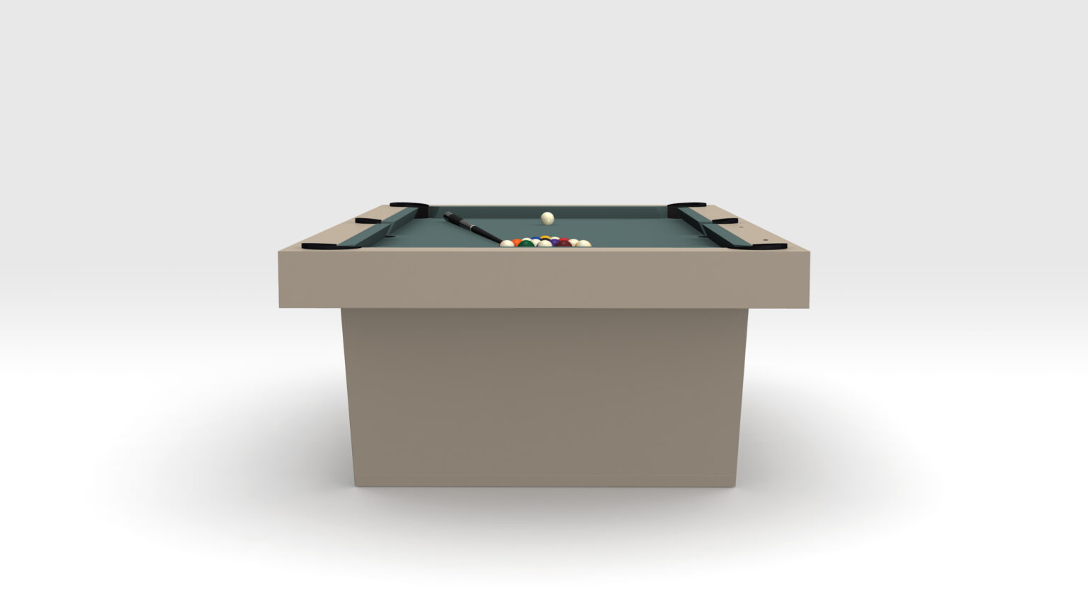 The Mesa Pool Table - Outdoor is a luxury modern pool table with beige sides, a green playing surface, and billiard balls arranged in a triangle. A cue stick rests elegantly on the table, against a simple light backdrop that highlights its sophisticated design.