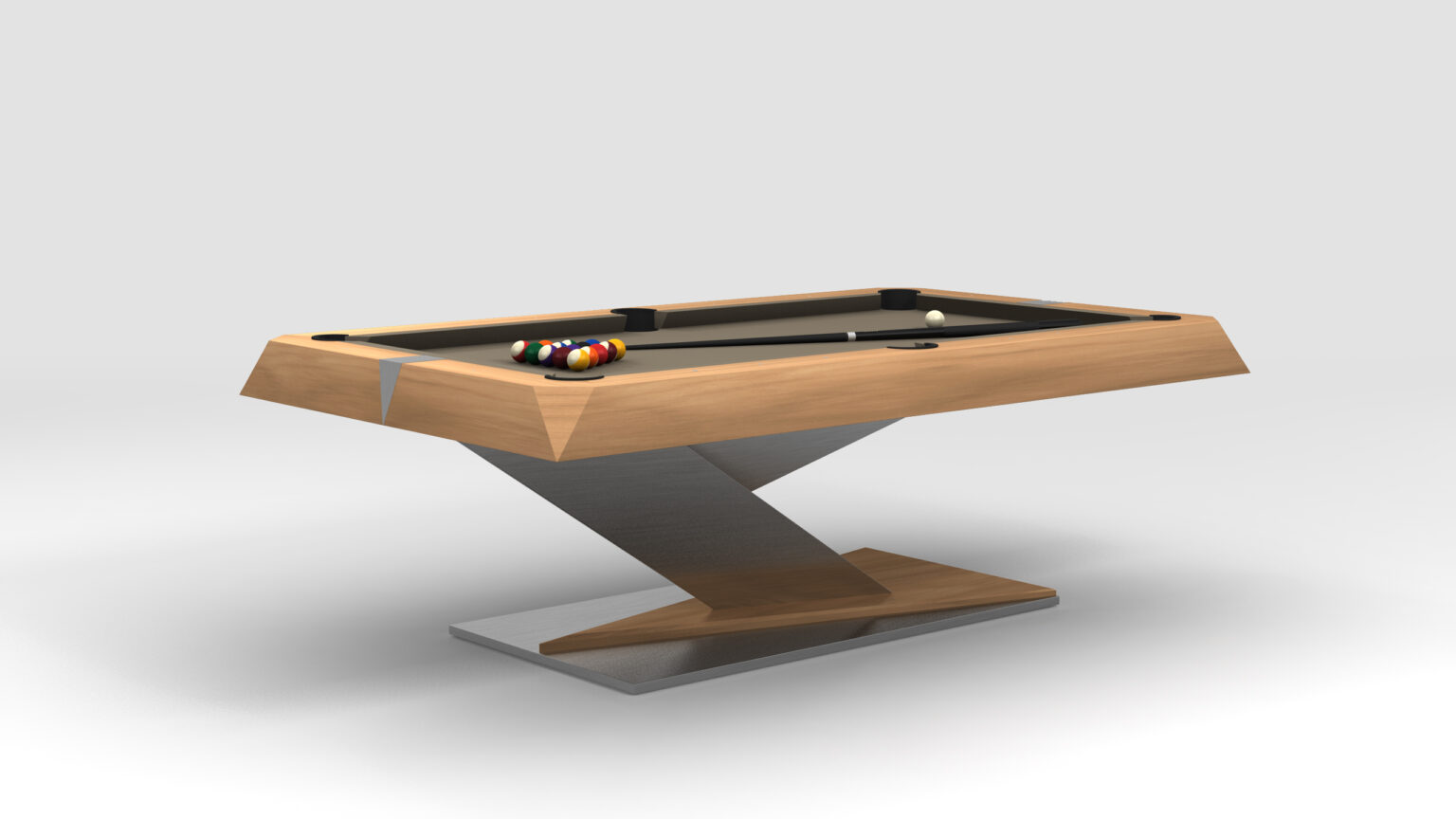 The Mitchell Pool Table - Outdoor features a modern, sleek design with a luxurious wooden frame and unique Z-shaped base on a gray floor. This elegant game table, complete with billiard balls on its felt surface, is ready for an exciting match.