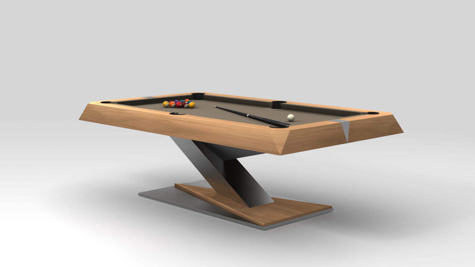 The Mitchell Pool Table - Outdoor features a modern design with a sleek wooden finish and distinctive Z-shaped base, embodying luxury. It includes billiard balls in a triangle and a cue stick on the table, set against a light gray background.
