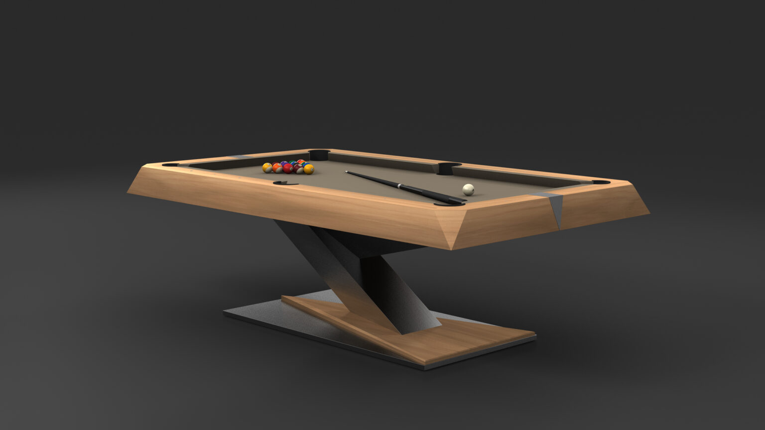 The Mitchell Pool Table - Outdoor boasts a modern, stylish design with a sleek wooden frame and angular base, epitomizing luxury. Equipped with colored billiard balls and a cue stick, its contemporary look is further enhanced by the dark background.