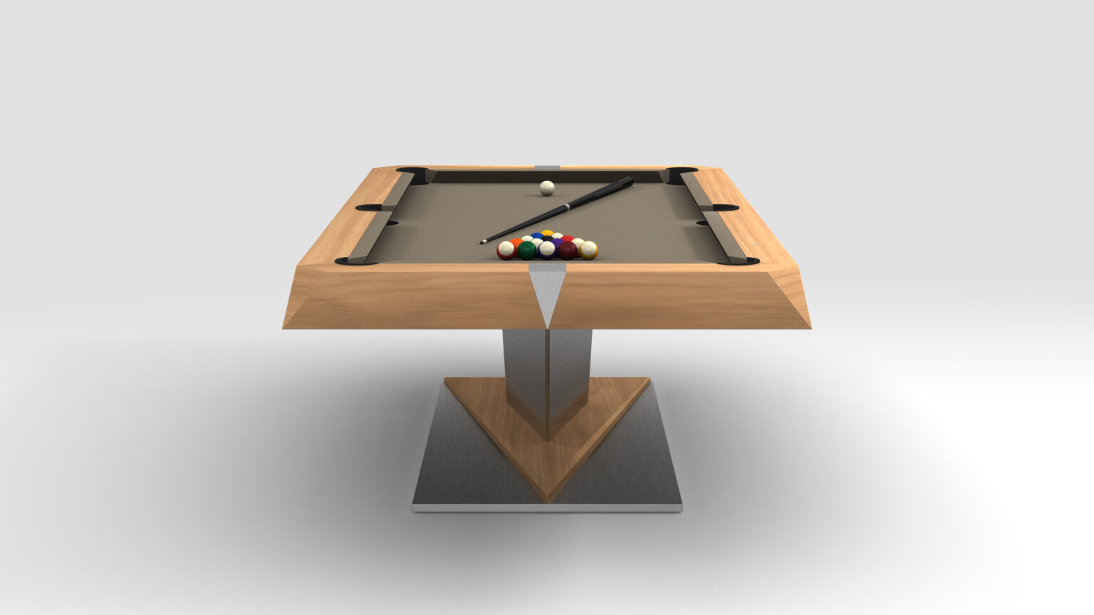 The Mitchell Pool Table - Outdoor is a modern luxury game table with a wooden finish and central support pedestal, featuring a cue stick on the table and a white cue ball with neatly arranged billiard balls at the foot.