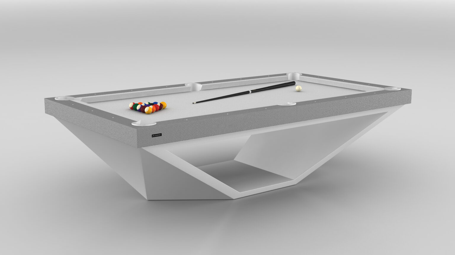 The Stealth Pool Table - Outdoor is a modern, angular luxury game table with a sleek white design and gray surface, featuring a unique geometric base. It includes a cue stick, triangle rack of balls, and pristine white cue ball on an uncluttered background for added elegance.