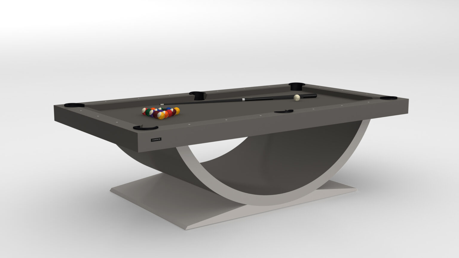 The Theseus Pool Table - Outdoor features a minimalist, elegant design with a unique curved base in gray. This luxury game table includes a rack of balls at one end and a cue stick on the surface, epitomizing sophistication for any setting.