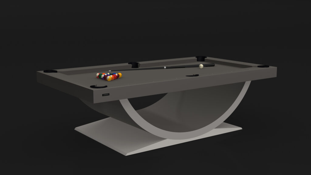The Theseus Pool Table - Outdoor features a sleek gray design with a curved base. Billiard balls are racked at one end, while a cue stick and white ball rest on the table. Its modern style, highlighted by a dark background, makes it the focal point of any room.