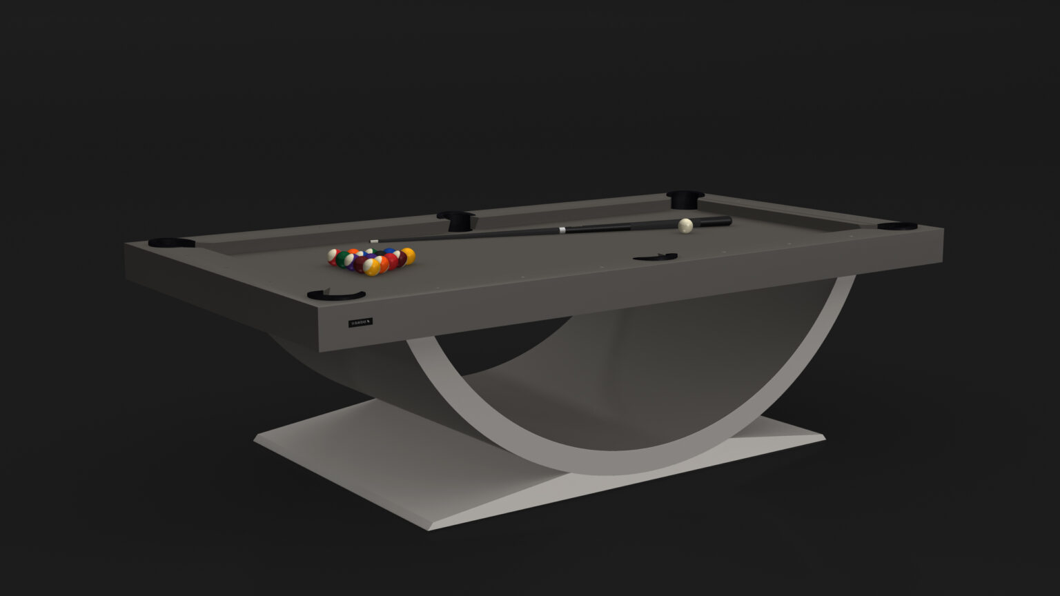 The Theseus Pool Table - Outdoor features a sleek gray design with a curved base. Billiard balls are racked at one end, while a cue stick and white ball rest on the table. Its modern style, highlighted by a dark background, makes it the focal point of any room.